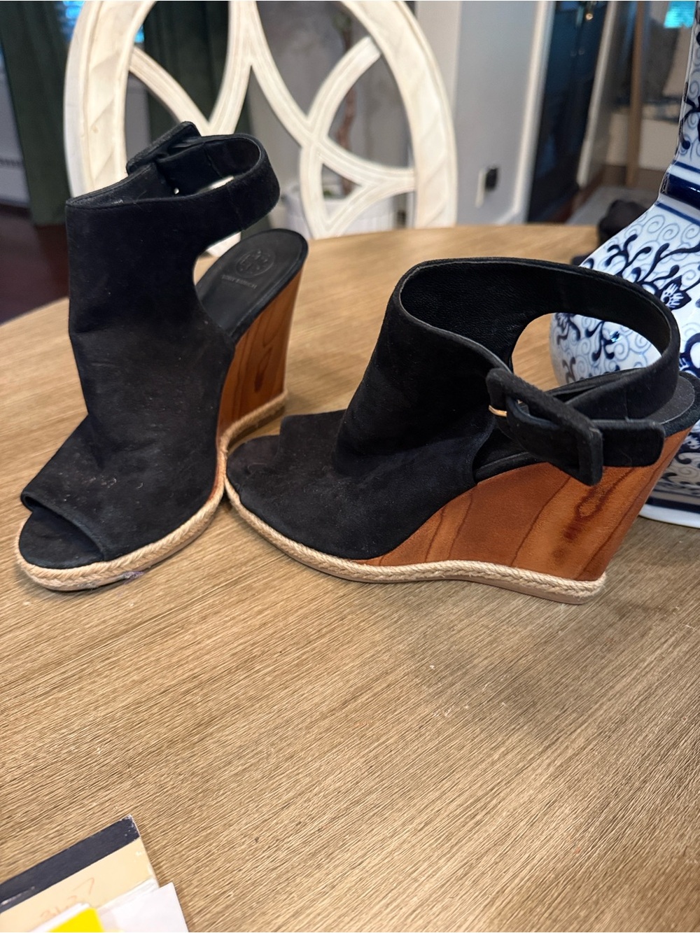 Tory Burch Black Suede Peep-Toe Ankle Wood Strap Wedges Sz 9